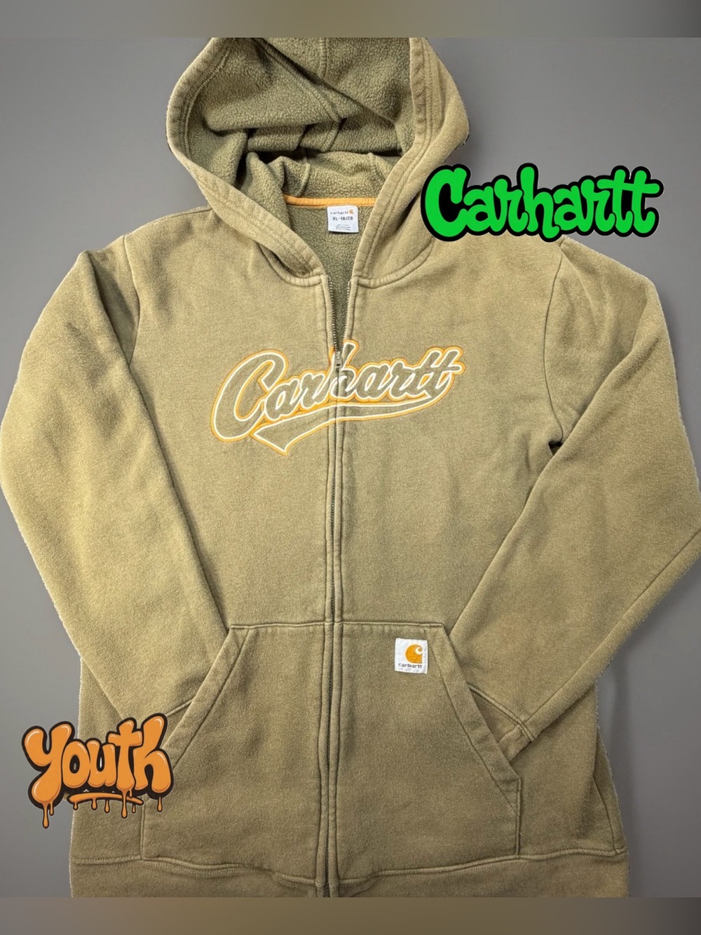 Carhartt Youth XL 18/20 Fits Mens S Olive Script Zip Hoodie 19.5x27.5 Fleece